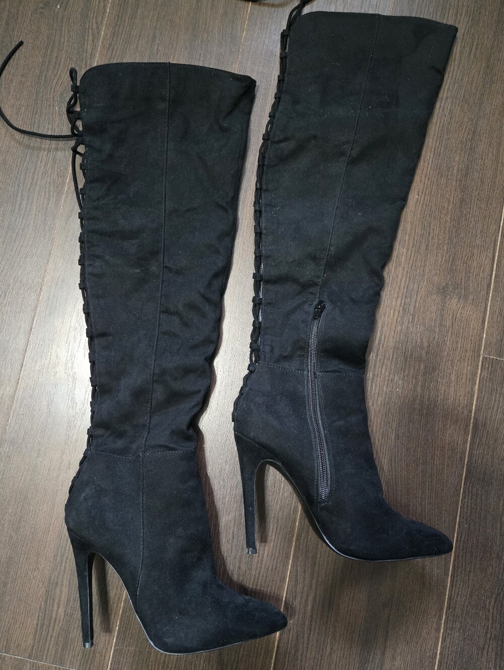 CALL IT SPRING Black Faux Suede Over-the-Knee Lace-Up Stiletto Boots, sz 6/36